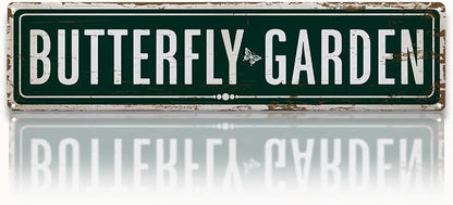 Garden Metal Tin Sign, Vintage Farmhouse Decor, Butterfly Garden Wall Art, for Yard Fence Door Porch, Rustic Indoor Outdoor Gardens Decoration, 15.7 x 3.9 Inches