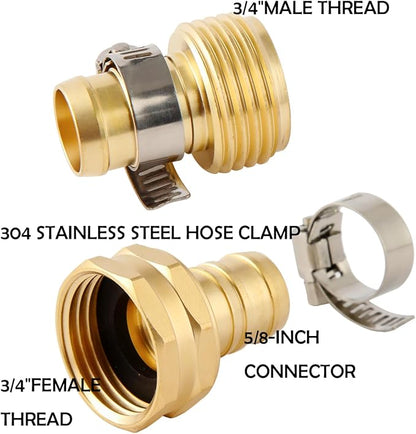 4 Set Brass Garden Hose Repair Connector Kit with Clamps, Fit for 5/8" Garden Hose Fitting,5/8'' Barb x 3/4'' GHT Garden Hose Adapter/Fittings, Water Hose Repair Kit