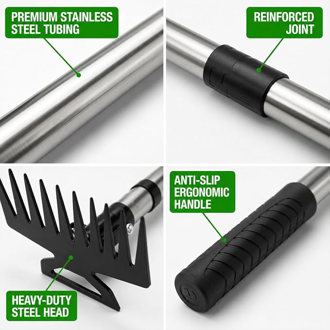 Premium 59" Long Handle 2-in-1 Weeding Tools for Garden, Patio & Path - Wheel Hoe & Rake, 11-Tine Stand Up Weed Puller, Heavy Duty Hand Weeder & Cultivator for Grass, Grandpas Fathers Dad Gift