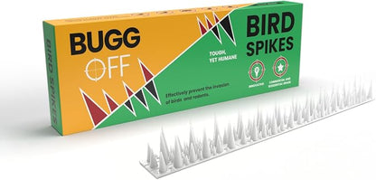 BUGGOFF - Bird & Rodent Spikes, Unique Spike Pattern effecitviely deteres Pesky Pigeons, Squirrels, Raccoons. Installs on Fences, Gates, Roofs, Walls and More! (13 Feet, White Plastic)