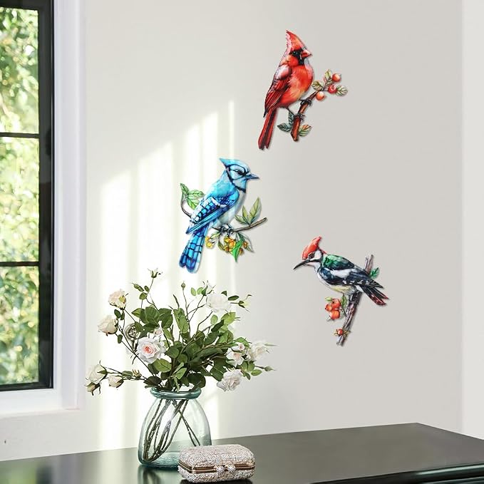 3 Pack Metal Birds Wall Art Garden Decor, Cardinal Outdoor Wall Art Yard Patio Fence Decoration, 3D Colorful Birds Wall Hanging Sculpture Gift for Garden Outside Livingroom