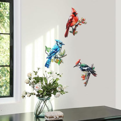 3 Pack Metal Birds Wall Art Garden Decor, Cardinal Outdoor Wall Art Yard Patio Fence Decoration, 3D Colorful Birds Wall Hanging Sculpture Gift for Garden Outside Livingroom