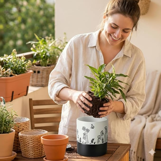 Nihow Self Watering Pots for Indoor Plants,4.5 Inch,White,Hand Painting | Ceramic Planter, Drainage Hole & Water Storage Plus, Cylinder Round Flower Pot, For Succulent/Herbs/Violets
