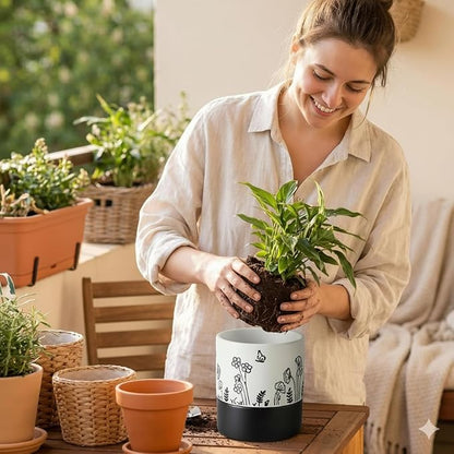 Nihow Self Watering Pots for Indoor Plants,4.5 Inch,White,Hand Painting | Ceramic Planter, Drainage Hole & Water Storage Plus, Cylinder Round Flower Pot, For Succulent/Herbs/Violets