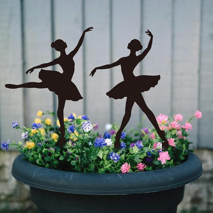 WADORN 2Pcs Ballet Girl Metal Decorative Garden Stakes, Black Ballet Dancer Silhouette Outdoor Statues Rustic Garden Ornament Gifts Yard Art Decoration Stake for Outdoor Backyard Patio Lawn Walkway