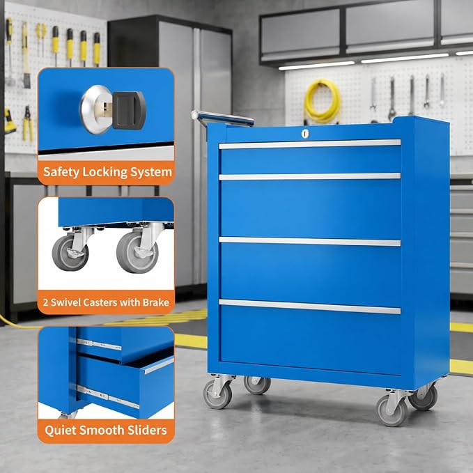 IDEALHOUSE Rolling Tool Chest, 5 Drawers Tool Storage Cabinet, Toolbox with Wheels, Portable Tool Cabinet Organizer with Locking System & Drawer Liners, Tool Storage Cart for Garage, Workshop, Blue