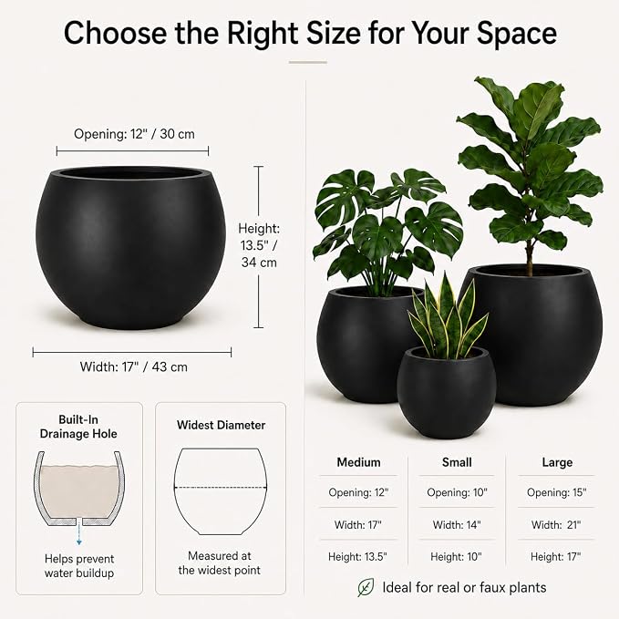 13.5 H x 17" Dia (12" Pot Opening) Black Round Fiberstone Planter with Drainage Hole, Indoor/Outdoor Large Plant Pot for Home Patio Garden, Ideal for Large Plants