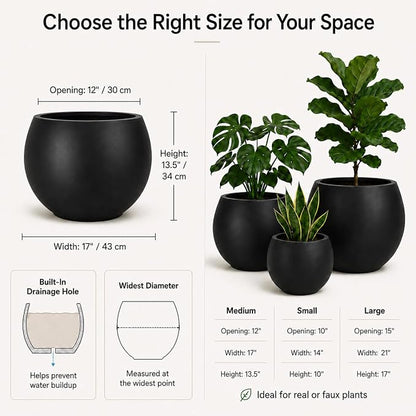 13.5 H x 17" Dia (12" Pot Opening) Black Round Fiberstone Planter with Drainage Hole, Indoor/Outdoor Large Plant Pot for Home Patio Garden, Ideal for Large Plants