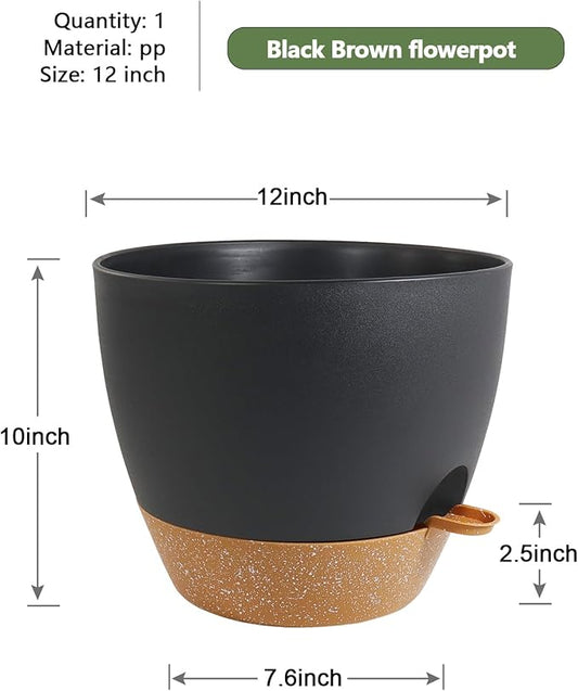 WSMKSZ 12 inch Large Self Watering Pots, Flower Plant Pots with Drainage Holes for Indoor Outdoor Garden Plants, Plastic Planters with Removable Deep Reservoir, Black with Brown