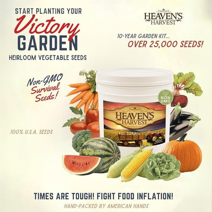 Heaven’s Harvest - 10 Year Survival Or Homestead Garden | 25k+ Heirloom Vegetable Seed Bank Kit | Includes Seed Vault Storage Drum | Non-GMO