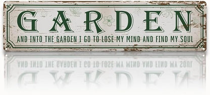 Garden Metal Tin Sign, Into The Garden To Lose My Mind Signs, Rustic Farmhouse Outdoor Wall Decor, for Porch Patio Fence, for Gardening Lovers, 15.7 x 3.9 Inches