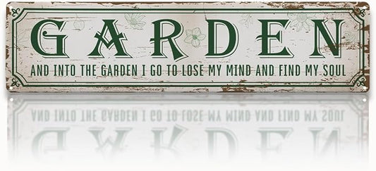 Garden Metal Tin Sign, Into The Garden To Lose My Mind Signs, Rustic Farmhouse Outdoor Wall Decor, for Porch Patio Fence, for Gardening Lovers, 15.7 x 3.9 Inches