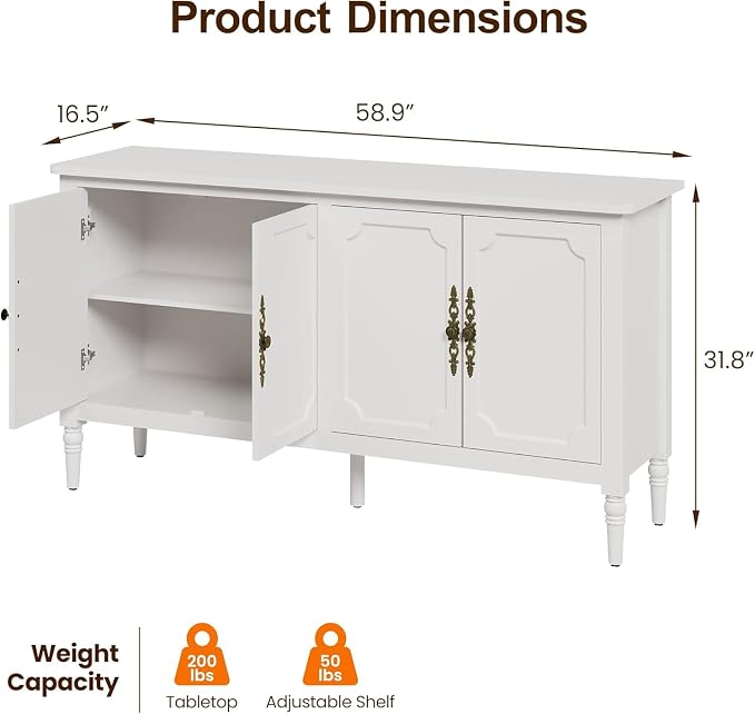 RoyalCraft 118" Buffet Cabinet with Storage, Vintage Sideboard with Adjustable Shelves, Mid Century Modern Painted Credenza Coffee Bar for Kitchen, Dining Room, Entryway, Living Room, Satin White