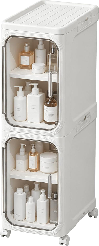 LXLXXL Narrow Storage Cabinet Slim Bathroom Storage Cabinet with Movable Wheels Tall Bathroom Organizer Skinny Cabinet for Small Spaces，2-Tier White