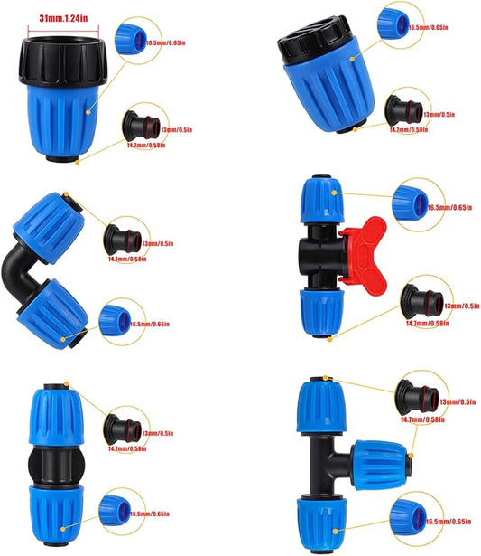 24 Pcs 1/2 Inch Drip Irrigation Fittings Kit,Drip Irrigation Hose Connector for 1/2 Inch Drip Tubing (1/2" ID x0.6-0.63" OD) with 5 Tees,5 Couplings,2 Switch Valves,5 End Cap,5 Elbows,2 Hose Adapter