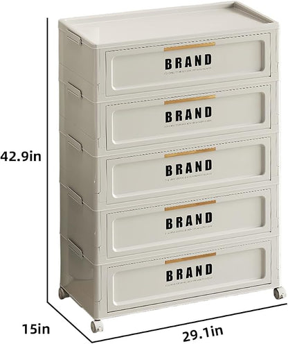 Foldable Storage Cabinet with Doors & Locking Wheels, 5-Tier Large-Capacity Organizer, No-Tool Setup, Impact-Resistant ABS Construction for Dorm, Pantry, Laundry, and Living Spaces
