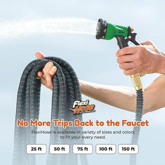 Flexi Hose with 8 Function Nozzle, 75FT - Lightweight Expandable Garden Hose, No-Kink Flexibility, 3/4 Inch Solid Brass Fittings and Double Latex Core - Black and Green