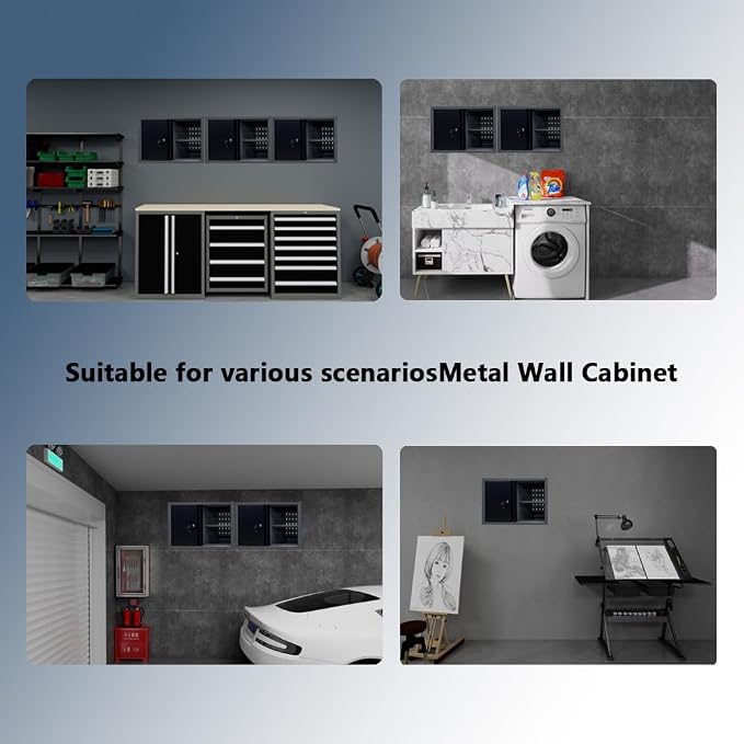 JZD Metal Wall Cabinet with Two Removable Shelves for Tool Organization, Included 22 Hooks, for Mechanics Garage Utility Room