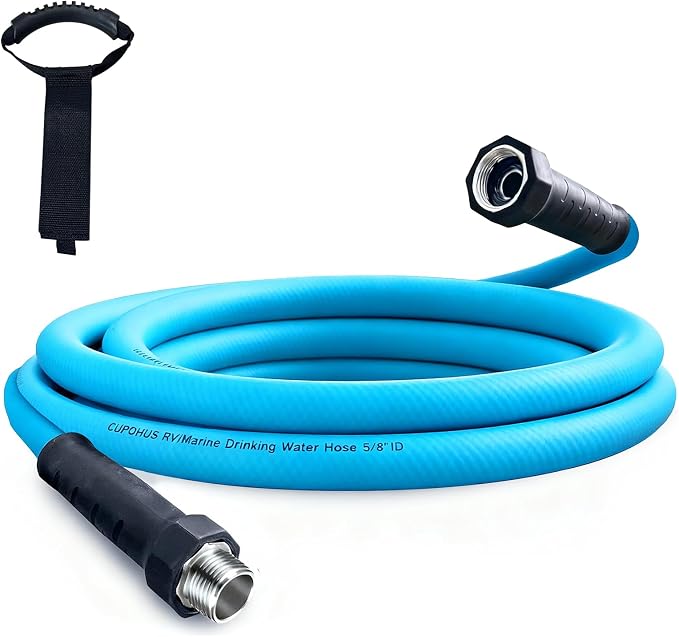 Cupohus RV Water Hose 10FT with Strain Relief Ends, Kink-Resistant Drinking Water Hose, 5/8''ID Potable Food Grade Hose with Storage Strap for RV, Marine, Camper, Truck, Car, Garden