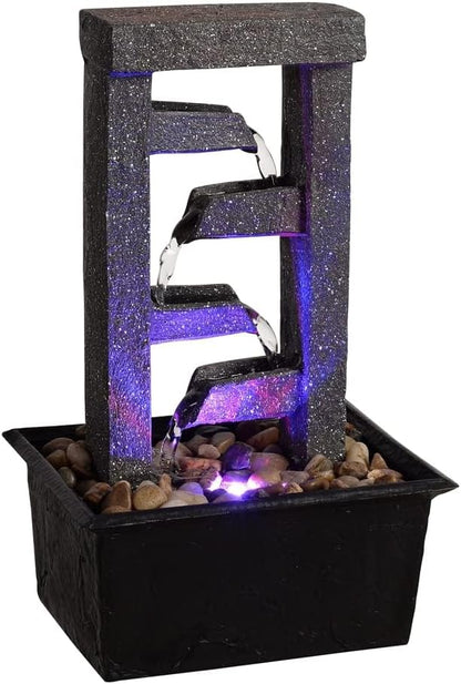 GOSSI 10" 4-Tier Tabletop Waterfall Fountain with Natural River Rocks, LED Lights, Resin Indoor Water Feature for Home Office Decor, Meditation Relaxation Gift