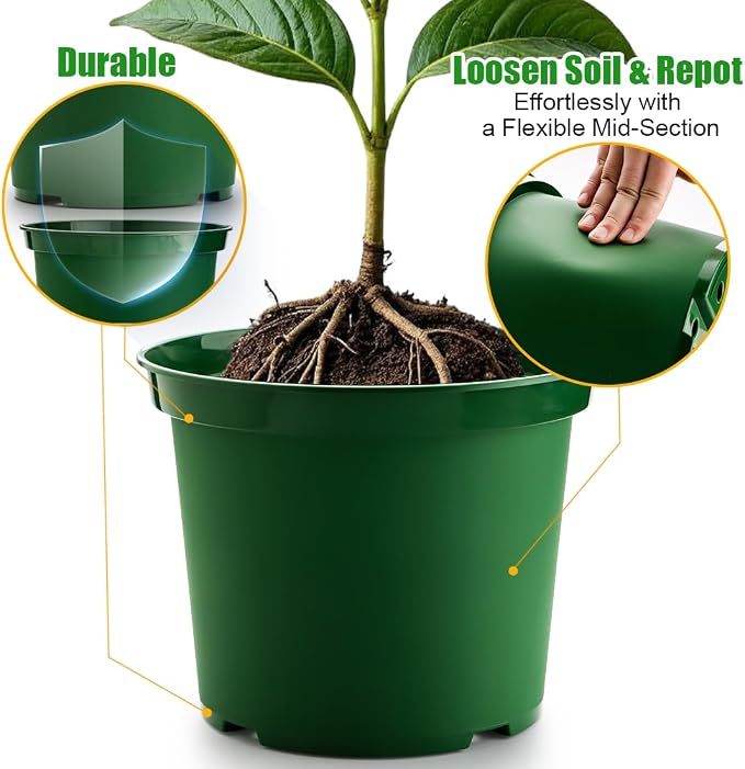 RooTrimmer 5 Gallon 12 Inch Plastic Nursery Pots, Plant Containers with Drainage Holes, Round Sturdy Garden Planters for Indoor/Outdoor Greenery, Gardening Gifts for Women (5-Pack, Green)