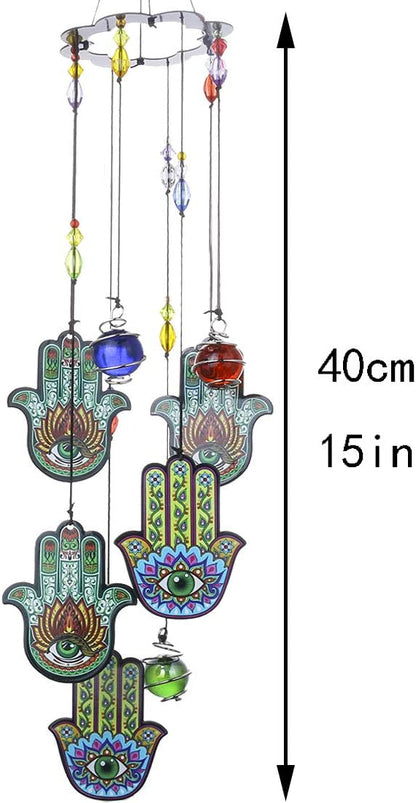 YU FENG 15 Inch Evil Eye Hamsa Wind Chimes, Outdoor Hanging Decor | Chakra Glass Beaded Design, Metal Windchime Ornament, Garden Patio Window Decoration, Spiritual Home Accent