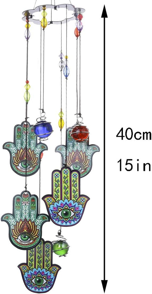 YU FENG 15 Inch Evil Eye Hamsa Wind Chimes, Outdoor Hanging Decor | Chakra Glass Beaded Design, Metal Windchime Ornament, Garden Patio Window Decoration, Spiritual Home Accent