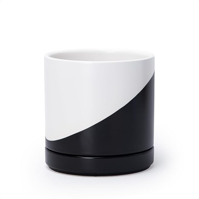 D'vine Dev 6.5 Inch Ceramic Planter Pot with Drainage Hole and Saucer, Indoor Cylinder Round Planter Pot, Oblique Monochrome Black and White, 94-O-C-K