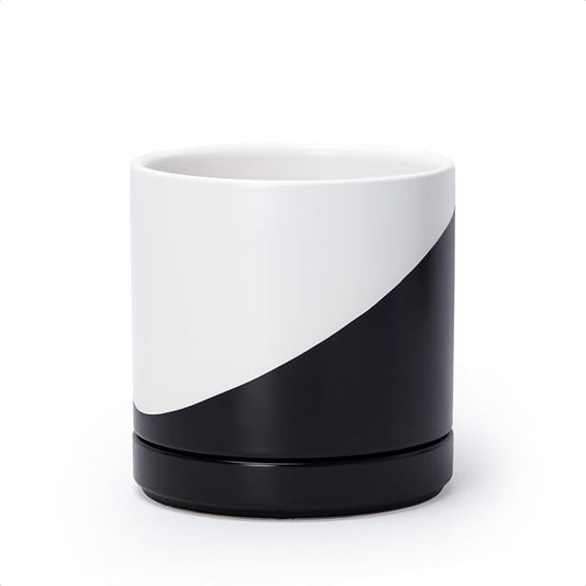 D'vine Dev 6.5 Inch Ceramic Planter Pot with Drainage Hole and Saucer, Indoor Cylinder Round Planter Pot, Oblique Monochrome Black and White, 94-O-C-K