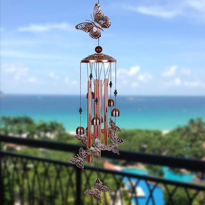 Butterfly Wind Chimes Outdoor Decor -with 4 Tubes 6 Bells 7 Butterflies 36In Waterproof Mobile Romantic Wind Catcher Butterfly Windchimes for Home, Xmas Mom Gifts, Festival,Balcony,Garden Decoration