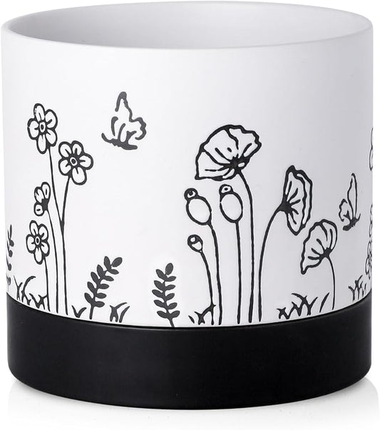 Nihow Ceramic Plant Pot,6 Inch Planter with Drainage Hole&Saucer for Indoor | White,Indoor & Outdoor, Cylinder Round Flower Pot, For Succulent/Herbs/Violets