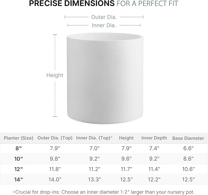 FaithLand 8 Inch Fiberstone Planter - Lightweight Modern Cylinder Plant Pot with Drainage Hole & Plug, Indoor Outdoor Use, Matte White