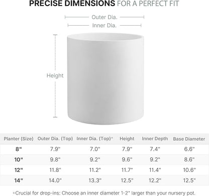 FaithLand 8 Inch Fiberstone Planter - Lightweight Modern Cylinder Plant Pot with Drainage Hole & Plug, Indoor Outdoor Use, Matte White