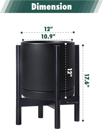 D'vine Dev Ceramic Planter with Ebony Stand - 12 Inch Modern Round Flower Pot with Wood Planter Holder, Black, 55-B-H-2