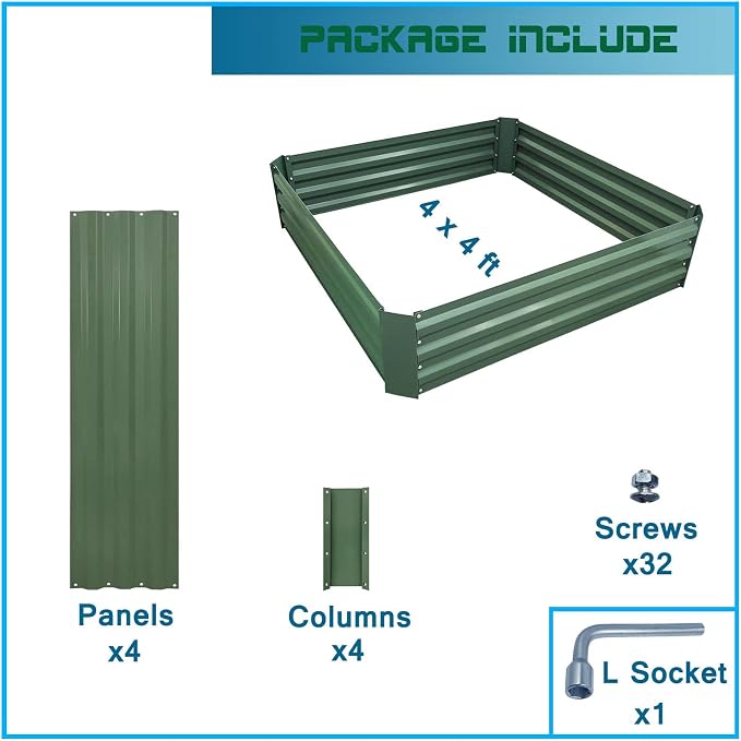 4x4x1ft Green Metal Raised Garden Bed Kit, Galvanized Outdoor Planter Box for Vegetables, Flowers, Herbs, and Succulents,120 Gallon Capacity