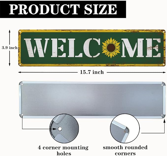 Vintage Metal Tin Signs, Welcome Sign, Sunflower Farmhouse Wall Decor, Rustic Garden Sign, for Yard Fence Door Porch, Indoor Outdoor Garden Decoration, Gift for Sunflower Lovers, 15.7 x 3.9 Inches