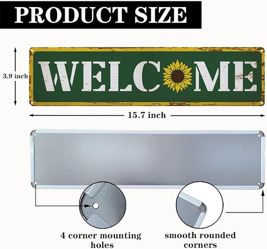 Vintage Metal Tin Signs, Welcome Sign, Sunflower Farmhouse Wall Decor, Rustic Garden Sign, for Yard Fence Door Porch, Indoor Outdoor Garden Decoration, Gift for Sunflower Lovers, 15.7 x 3.9 Inches