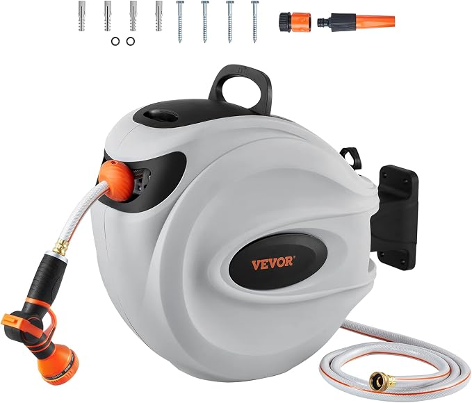 VEVOR Retractable Hose Reel, 65 ft x 5/8 inch, 180° Swivel Bracket Wall-Mounted & Retractable Air Hose Reel, 3/8 IN x 50 FT Hybrid Air Hose Max 300PSI