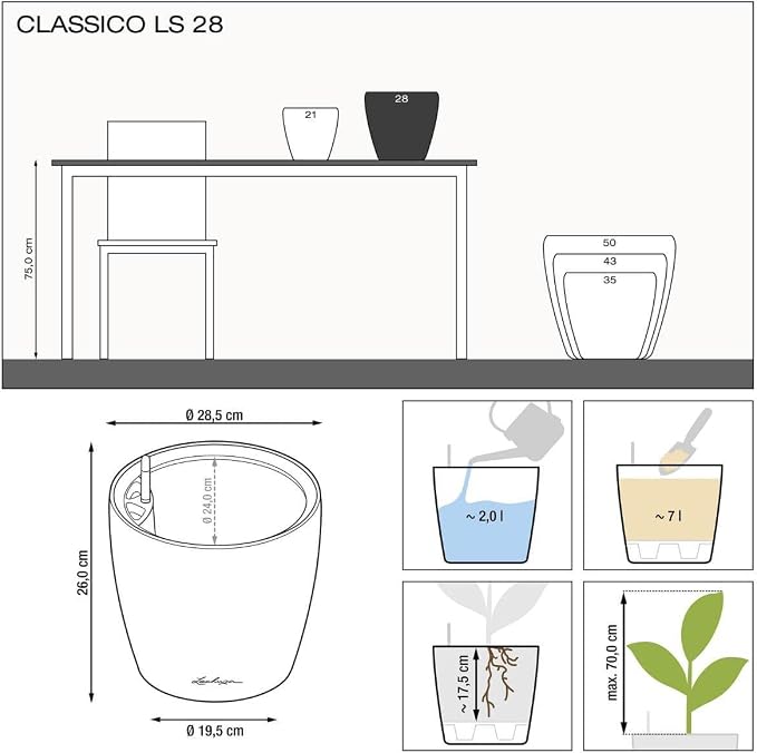 Lechuza Classico LS 28 Cream White High Gloss, Self-Watering Round Planter, D11 H10.2 in