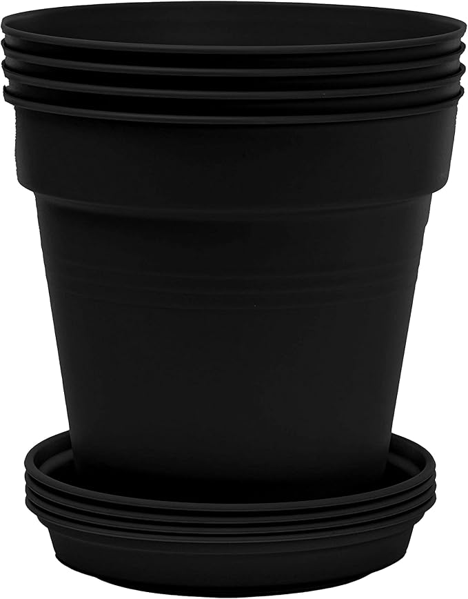 Mintra Garden Pots, 4 Pack Bulk Plastic Plant Pots with Drainage Tray, Round Indoor & Outdoor Decorative Planters with Drain Holes for Flowers, Herbs & Plants, 15cm Diameter – Black, 5.9 in