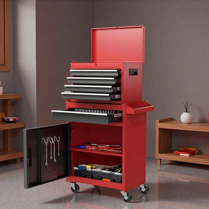 Tool Chest, 5-Drawers Rolling Tool Storage Cabinet with Lockable Wheels, Detachable Top, Adjustable Shelf & Locking Mechanism, Multifunctional Tool Cart for Garage Warehouse, Red