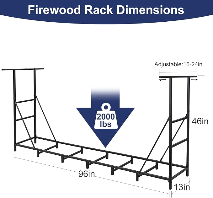 HONEST OUTFITTERS 8ft Firewood Rack Outdoor, Adjustable Heavy Duty Firewood Holder, Adjustable Wood Racks for Outdoor Indoor, Metal Log Racks for Firewood with Firewood Bag Carrier, Black
