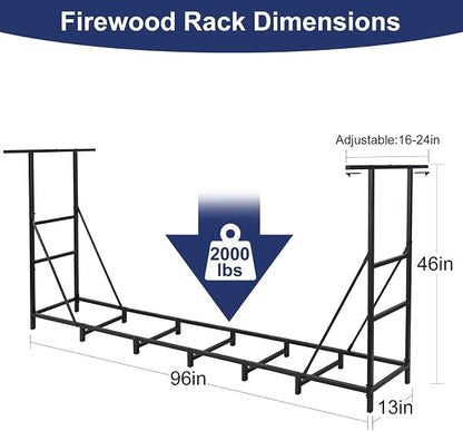 HONEST OUTFITTERS 8ft Firewood Rack Outdoor, Adjustable Heavy Duty Firewood Holder, Adjustable Wood Racks for Outdoor Indoor, Metal Log Racks for Firewood with Firewood Bag Carrier, Black