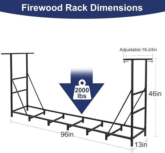 HONEST OUTFITTERS 8ft Firewood Rack Outdoor, Adjustable Heavy Duty Firewood Holder, Adjustable Wood Racks for Outdoor Indoor, Metal Log Racks for Firewood with Firewood Bag Carrier, Black