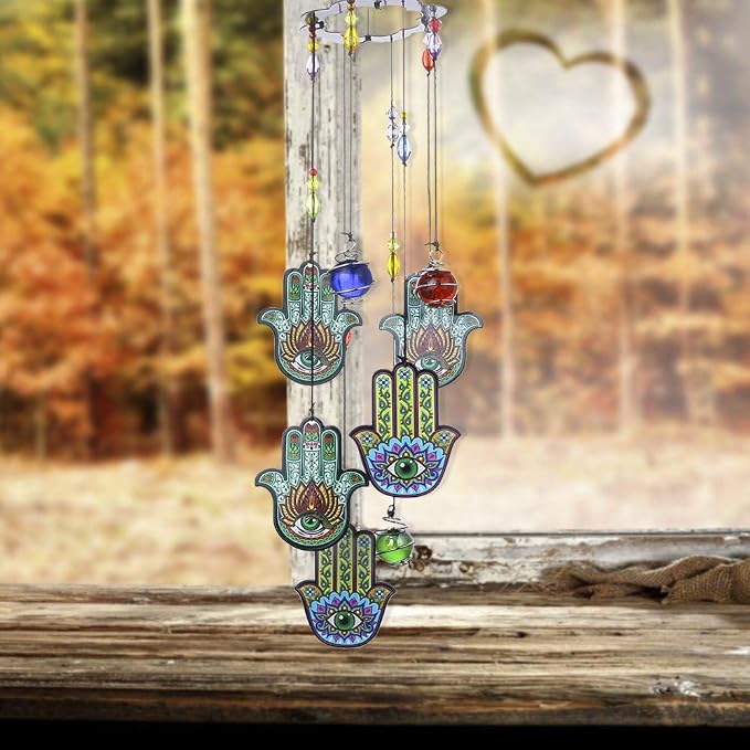 YU FENG 15 Inch Evil Eye Hamsa Wind Chimes, Outdoor Hanging Decor | Chakra Glass Beaded Design, Metal Windchime Ornament, Garden Patio Window Decoration, Spiritual Home Accent