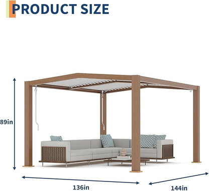 GarveeLife Louvered Pergola 11 ft x 13 ft, Outdoor Pergola with Adjustable Louvered Roof, Reinforced Aluminum Frame, Integrated Drainage System, Hardtop Gazebo for Patio, Deck, Wood Grain
