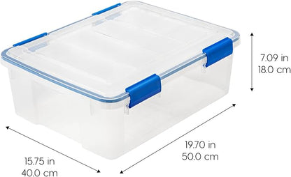 IRIS USA WeatherPro 27 Qt Storage Bins with Lids, 3 Pack, BPA-Free Plastic Gasket Box with Tight Latch and Seal, Stackable Nestable Tote Tub - Clear/Blue