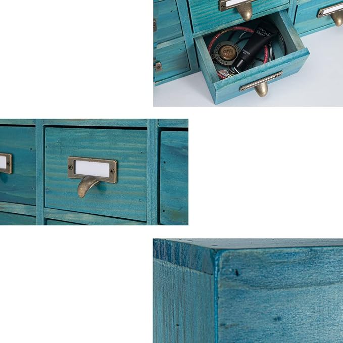 Apothecary Drawers Apothecary Cabinet with Drawers, Blue | 9 Drawer Library Card Catalog, Wooden Storage Box, Wooden Desktop Organizer with Metal Handles-Fulled Assembled
