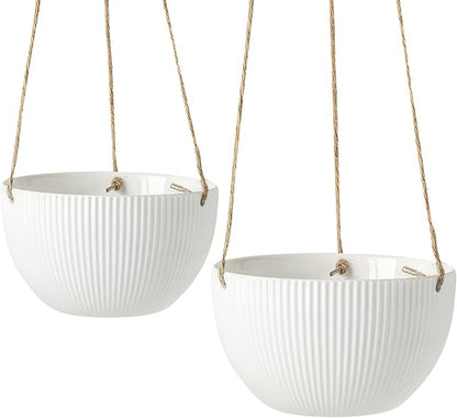 UBEE Ceramic Hanging Planters Indoor Outdoor, 7.5 Inch + 6.5 Inch Hanging Flower Pot for Plants Hanging Basket for Succulent Pothos Herbs Window Home Decor, 2 Pack, White