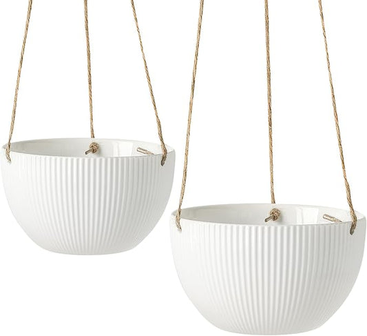 UBEE Ceramic Hanging Planters Indoor Outdoor, 7.5 Inch + 6.5 Inch Hanging Flower Pot for Plants Hanging Basket for Succulent Pothos Herbs Window Home Decor, 2 Pack, White